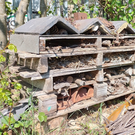 A bug hotel with shelves and pieces of wood