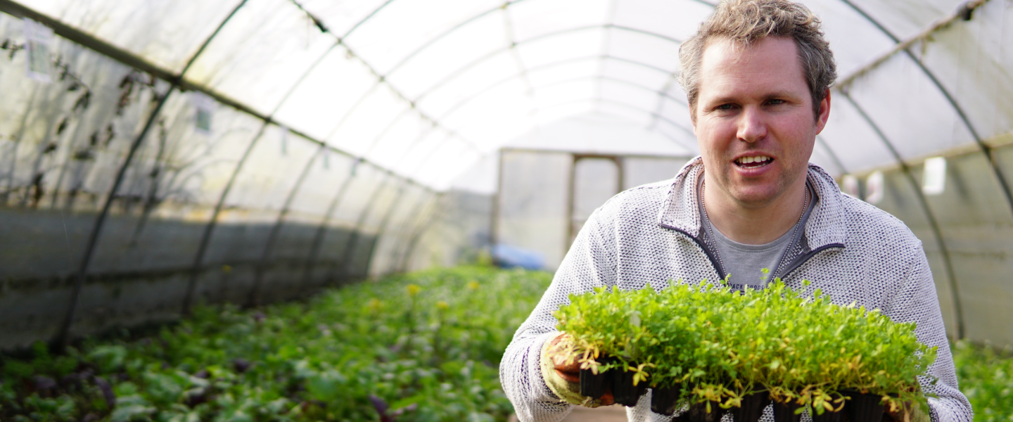 An Earthworker holding a potted plant in a greenhouse