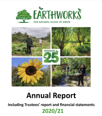 A view of the first page of the 2020-21 annual report, including the Earthworks logo and four thumbnail images