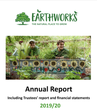 A view of the first page of the 2019-20 annual report, including the Earthworks logo and a thumbnail image