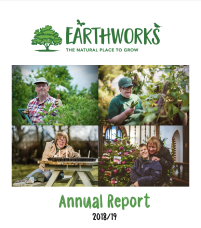 A view of the first page of the 2018-19 annual report, including the Earthworks logo and four thumbnail images