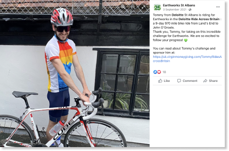 A screenshot of a Facebook post about a fundraising cycling challenge
