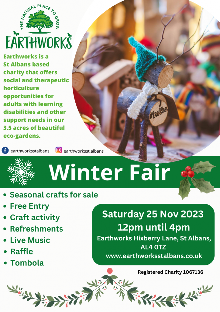 Earthworks winter fair flyer advertising details: 25th November 12pm until 4pm at Earthworks, Hixberry Lane, St Albans