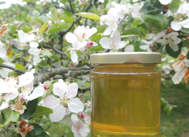 A jar of honey amongst some flowers